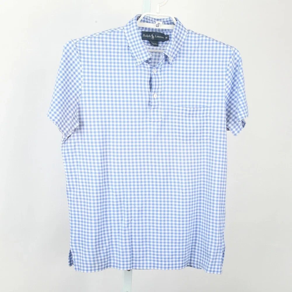 Ralph Lauren Polo Shirt Men's M Blue White Gingham Check Pima Cotton Button Down